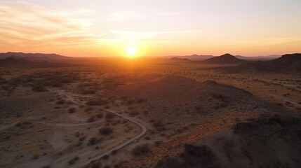 Fototapeta na wymiar Experience the awe-inspiring spectacle of a desert sunset captured by breathtaking drone footage. As the sun sinks below the horizon. Generated by AI.