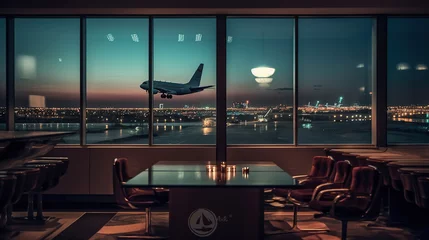 Fotobehang Nightfall Escapades, Airport Lounge and Takeoff amidst City Lights. Generative AI © Lifia