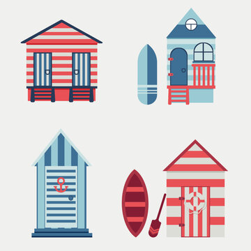 Different beach houses vector illustrations set. Summer, traveling, holidays concept