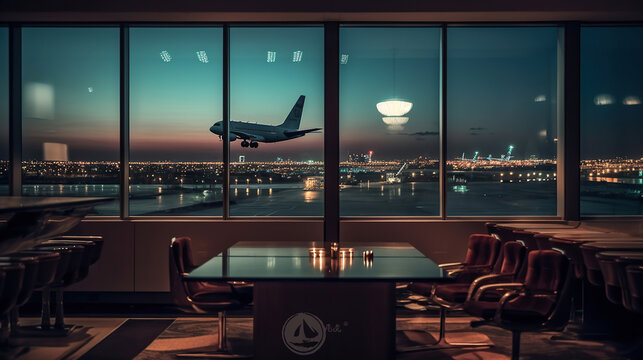 Nightfall Escapades, Airport Lounge and Takeoff amidst City Lights. Generative AI
