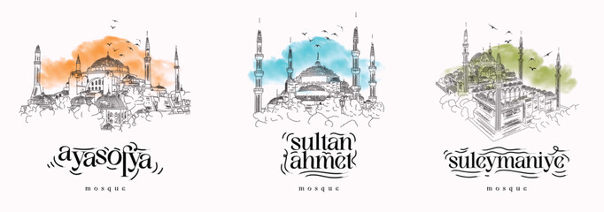 Istanbul Mosques line illustration. Istanbul
landscapes. Istanbul touristic mosque illustrations. Vector.