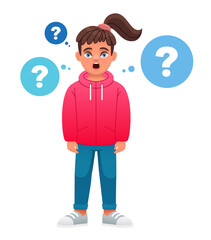 A surprised little girl surrounded by question bubbles. Children's and problems. The kid has a question.