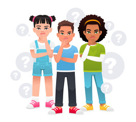 Two girls and a boy surrounded by question bubbles. Children's problems. Young children have a question. Smart, thinking kids