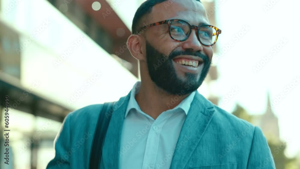 Poster Phone, texting and business man travel walking with smile in the city on a street with happiness. Outdoor, walk and mobile networking of a businessman happy on a social media and web app on internet