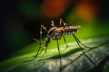 A mosquito sitting on top of a green leaf. Generative AI.