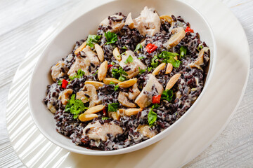 black rice with cream, chicken, mushrooms, almonds