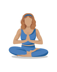 Faceless woman sitting in lotus yoga asana pose with ginger hair. Mental health, emotions control and personal harmony concept. Time for yourself. Vector flat illustration, cartoon style.