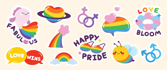 Happy Pride LGBTQ element set. LGBTQ community symbols with star, speech bubbles, flower, heart. Elements illustrated for pride month, bisexual, transgender, gender equality, sticker, rights concept. - obrazy, fototapety, plakaty