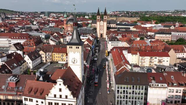 Wurzburg Historical Center Aerial Drone Footage. Old Main Bridge, Wurzburg Cathedral, Marktplatz and walking People