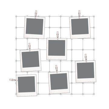 Metal wall grid photo templates board. Retro square photo picture frames. Organizer of memories, mood board in decor interior vector illustration