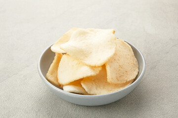 Kerupuk Udang, Crispy Prawn Crackers in white bowl
