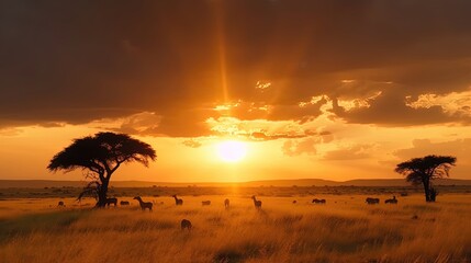 Fototapeta na wymiar Delight in the magical beauty of a breathtaking sunset over the African savannah, documented in captivating footage. Generated by AI.