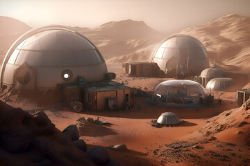 Fototapeta na wymiar A colony of colonizers on Mars, Generative AI 2
