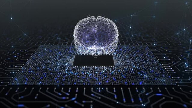 Futuristic human brain chip motion on computer motherboard circuits background.