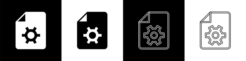 Set Document settings with gears icon isolated on black and white background. Software update, transfer protocol, teamwork tool management. Vector