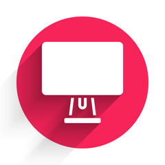 White Computer monitor screen icon isolated with long shadow background. Electronic device. Front view. Red circle button. Vector