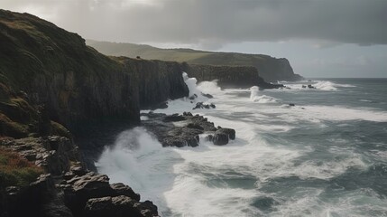 Obraz premium Experience the breathtaking drama of a rugged coast, where the relentless crash of waves against rugged cliffs echoes through the air. Generated by AI.