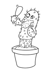 Сute funny cactus vector illustration in cartoon style. Hand-drawn cactus illustration with funny face in pot. Sketch of shaving cactus. Can be used for coloring book.