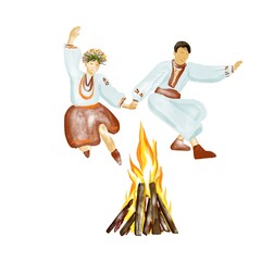 digital watercolor - a couple of lovers jumping over a fire. feast of Ivan Kupala