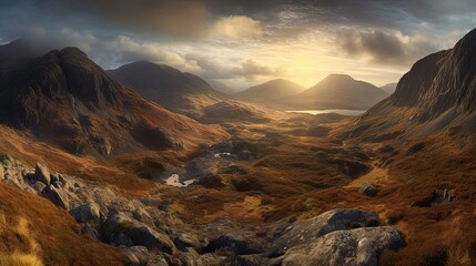 Fototapeta premium Indulge in the awe-inspiring panoramic view of the majestic Scottish Highlands. Feast your eyes on rolling hills, rugged mountains. Generated by AI.