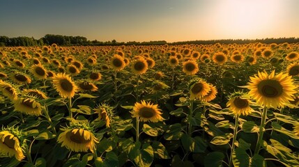 Obraz premium Behold a breathtaking sight as you gaze upon a vast field of sunflowers turning their heads towards the sun. Generated by AI.