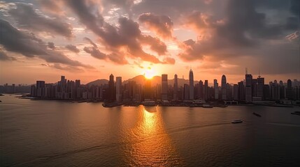 Fototapeta premium Lose yourself in the beauty of a sunset over the dynamic city skyline of Hong Kong. Watch as the sun's golden rays illuminate the towering skyscrapers. Generated by AI.
