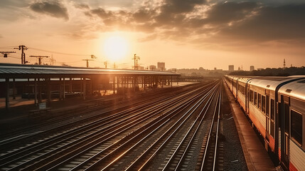 Fototapeta premium Railway station with train under sunset, Generative AI