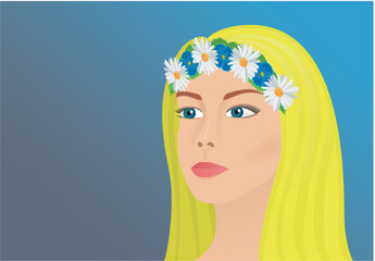 Beautiful scandianvian woman, girl with flower wreath. Looking as tradition at solstice, midsummer, or in Swedish called midsommar or midsommarafton. Vector illustration.