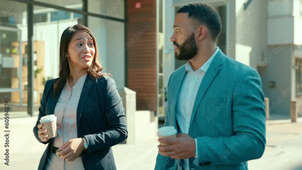 Wall mural Talking, city and business people walking on commute chatting, speaking and in conversation on coffee break. Travel, happy man and woman in urban town for discussion, communication and networking