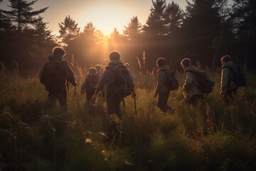 Young group of boy scouts hiking in the North American wilderness - obrazy, fototapety, plakaty