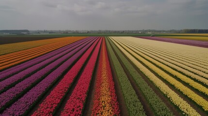 Lose yourself in a vibrant tapestry of colors as you wander through the breathtaking tulip fields of the Netherlands. Generated by AI.