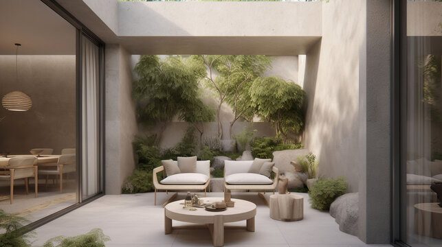 An outdoor living area with furniture and outdoor lighting, in the style of village, minimalist style, organic stone carvings, minimalist modernism, Generative AI