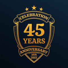 45 years anniversary icon or logo. 45th yubilee celebration, business company birthday badge or label. Vintage banner with shield and ribbon. Wedding, invitation design element. Vector illustration.
