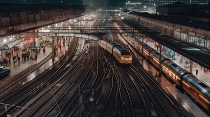 Immerse yourself in the dynamic atmosphere of a busy railway station during rush hour, where the convergence of trains and travelers creates a tapestry of motion and activity. Generated by AI.