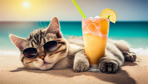 Lustige Katze mit Sonnenbrille chillen am Strand mit cocktail und macht Urlaub, Generative AI 