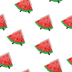 Seamless watermelons pattern. Vector background. Flat design. Vector illustration. Cartoon watermelon seamless pattern, red texture with seeds. 