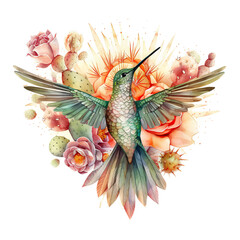 Obraz premium A watercolor painting of a hummingbird surrounded by flowers. Generative AI.