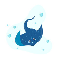 Cute cartoon stingray with bubbles on isolated background