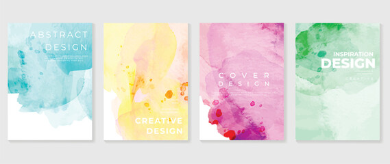 Watercolor art background cover template set. Wallpaper design with paint brush, pink, blue, green, yellow color, brush stroke. Abstract illustration for prints, wall art and invitation card, banner.