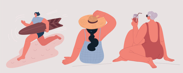 Vector illustration of women resting on the beach Set. Woman run with board for surfing, man sitting on beach with coctail and wearing hat. Rear view.