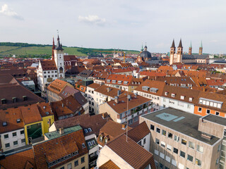 Obraz premium Wurzburg Historical Center Aerial Drone Photo. Old Main Bridge, Wurzburg Cathedral, Marktplatz and walking People