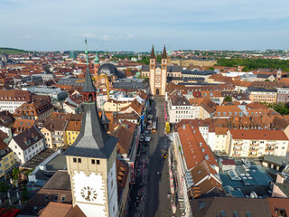 Fototapeta na wymiar Wurzburg Historical Center Aerial Drone Photo. Old Main Bridge, Wurzburg Cathedral, Marktplatz and walking People