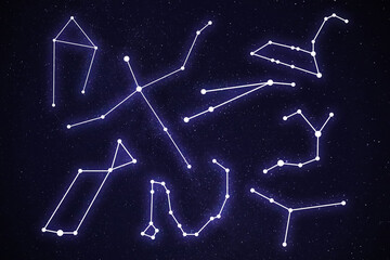 Set with different constellation stick figure patterns in starry night sky