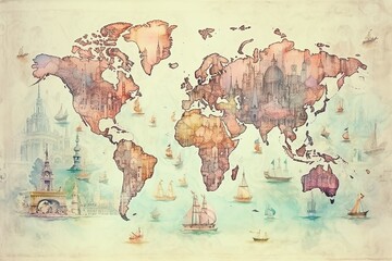 Naklejka premium Vintage world map with hand painted antique cartography style