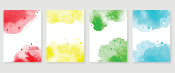 Watercolor art background cover template set. Wallpaper design with paint brush, red, yellow, green, blue, brush stroke. Abstract illustration for prints, wall art and invitation card, banner.