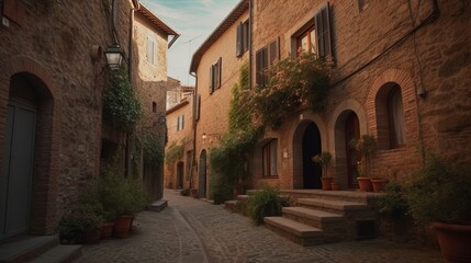 Fototapeta na wymiar Transport yourself to a quaint European village nestled in the picturesque hills of Tuscany, where charming cobblestone. Generated by AI.