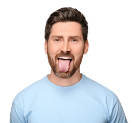 Man showing his tongue on white background