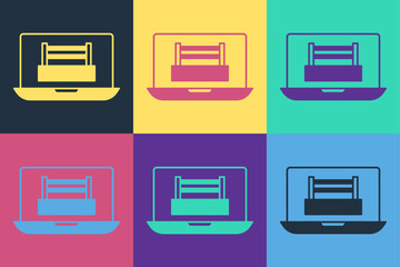 Pop art Boxing ring show at laptop icon isolated on color background. Vector