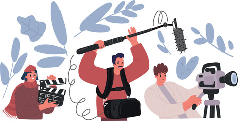 Vector illustration of Flat young men with beard and movies shooting equipment. Concept businessman characters with camera, microphone, spotlight, employee relationship over dark backround