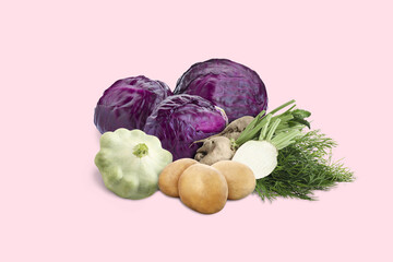 Many different fresh vegetables and dill on pale pink background